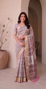 Pure Chiffon Hand Block Sarees w Jaccard border